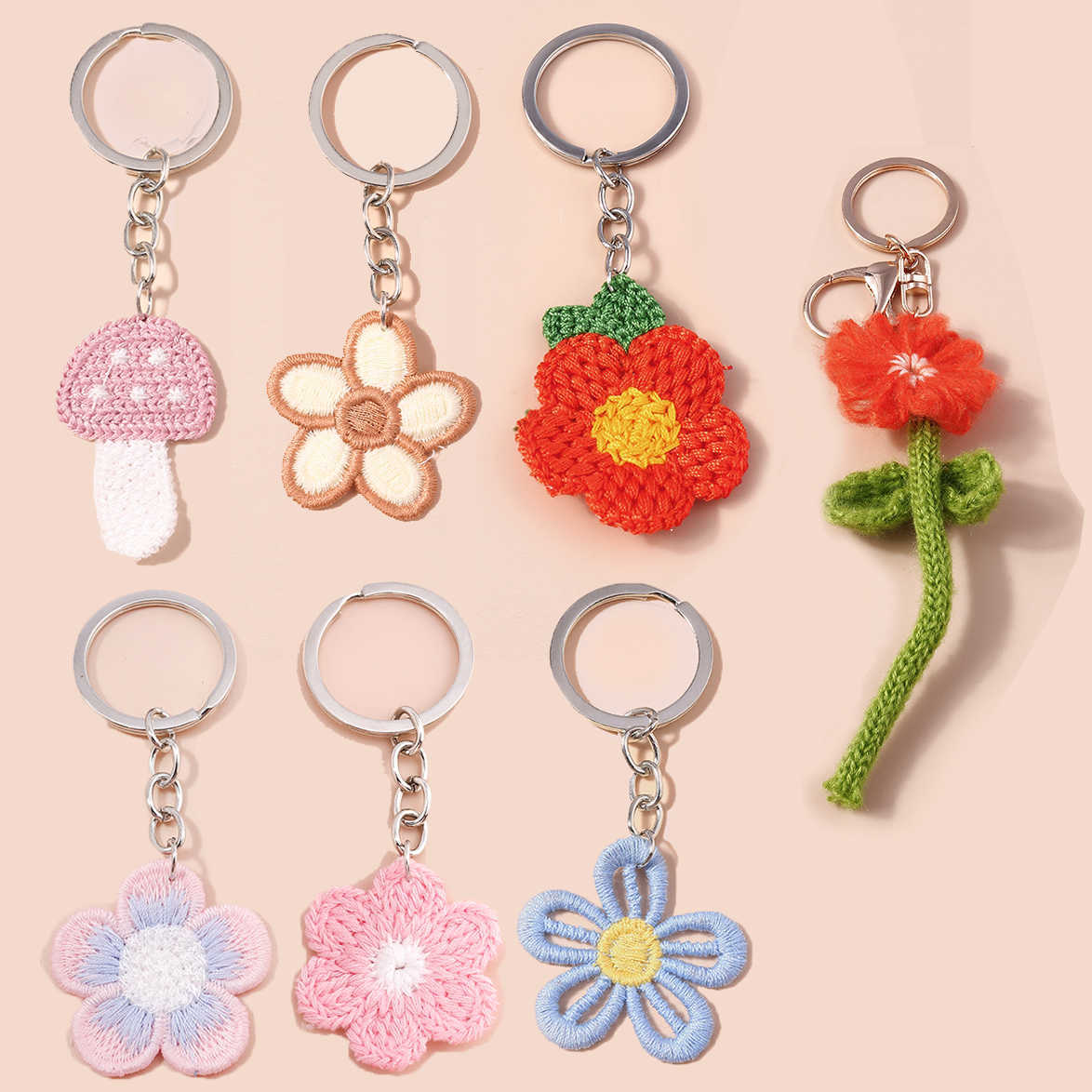 Key Rings Handmade Knitted Keychain Keyring For Women Girl Cute Crocheted Flower Mushroom Pendants Car Key Ring Handbag Charms Gifts R230301