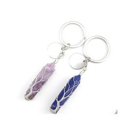 Key Rings Handmade Tree of Life Hexagonal Prism Pillar Natural Stone Healing Crystal Quartz Keychain Keys Chain Ring Drop levering JE DH8M1