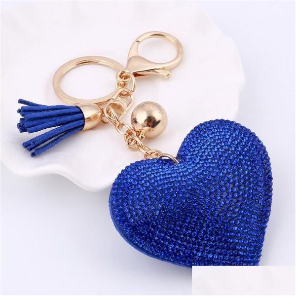 Llaveros Llavero de corazón Titular de borla de cuero Moda Metal Cristal Rhinestone Cadena Llavero Charm Bolsa Colgante Regalo Venta al por mayor Drop de Dhids