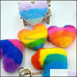 Key Rings Heart Pompoms Rainbow Plush Balls Keychains hanger voor vrouwen Fashion Car Bag Accessoires Keyfobs Holder drop levering Jood OTF31