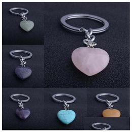 Porte-clés en forme de coeur pierre de cristal naturel porte-clés Reiki guérison porte-clés chaîne pendentif bijoux cadeaux livraison directe Dh4Tz