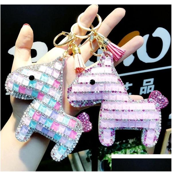 Llaveros Caballo Pony Animal Llavero Cristal Rhinestone Colgante Llavero para niña Mujer Cuero Baratija Sparkle Metal Anillo Bolsa Drop Dhkys