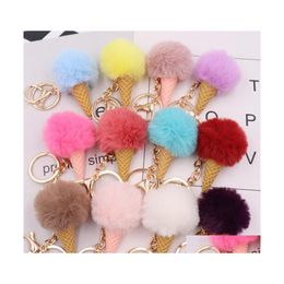 Key Rings Ice Cream Cone Pompom 5 cm kunstmatige faux konijn fur keyfobs voor handtas stijlvolle puff ball sleutelhangers sieraden geschenken drop del dh8vm