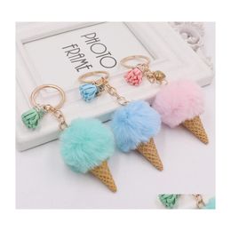 Key Rings Ice Cream Keychain Cute Bag Cartoon Imitatie Rex Konijnen Bont PLUSH PENDANT Cone Auto Hair Ball Accessoires Keychains Drop D DH5AU