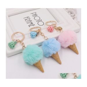 Llaveros Llavero de helado Bolso lindo Imitación de dibujos animados Rex Piel de conejo Felpa Colgante Cono Coche Bola de pelo Accesorios Llaveros Gota D Dh5Au