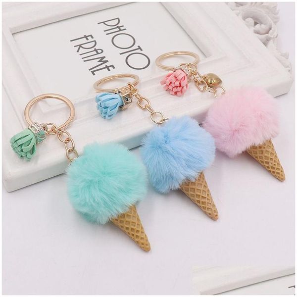 Llaveros Llavero de helado Bolso lindo Llaveros de dibujos animados Imitación Rex Piel de conejo P Colgante Cono Coche Accesorios para bolas de pelo Llaveros D Dh7Wz