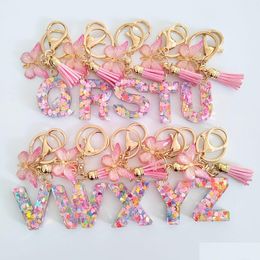 Sleutelringen Initiële roze letter Keychains For Girls Women Leuk Butterfly Heart Keychain Backpack School Bag Drop Delivery Sieraden Dhwax