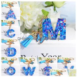 Porte-clés Initialletter Porte-clés Résine Bleu Amour À La Main Cristal Époxy Papillon Pompon Pendentif Pour Femmes Filles Drop Livraison Jewelr Dhh0W