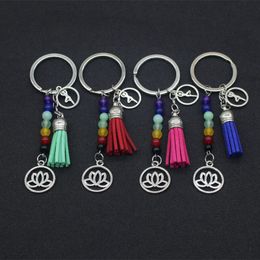 Rings Key Jewelry Tassel Tassel Lotus Chakra Pendse Keychain Mujeres Bolsa Flotating Flotating Beads Beads Yoga Energía