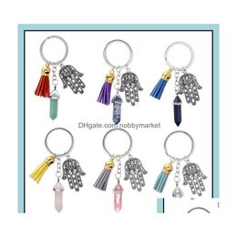 Porte-clés Bijoux Hamsa Main Fatima Porte-clés Gland Hexagonal Prisme Chakra Pierre Naturelle Mauvais Oeil Cristal Pendentif Charms Porte-clés Gif Dhcsd