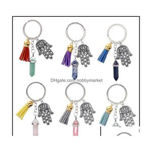 Porte-clés Bijoux Hamsa Main Fatima Porte-clés Gland Prisme Hexagonal Chakra Pierre Naturelle Mauvais Œil Cristal Pendentif Charme Porte-clés Cha Dhnpn