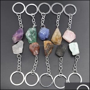 Porte-clés Bijoux Minerai Naturel Chaîne Anneau Gemme Quartz Fluorite Citrine Améthyste Irregar Pierre Pendentifs Keychian Porte-clés Diy Je Dhf0L