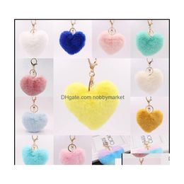 Belangrijkste ringen Sieraden Super opvallende POM Keychains Fluffy Heart Shape Pompoms Keyring Faux Rabbit Puff Ball Chain voor Valentijnsdag GI DH0FF