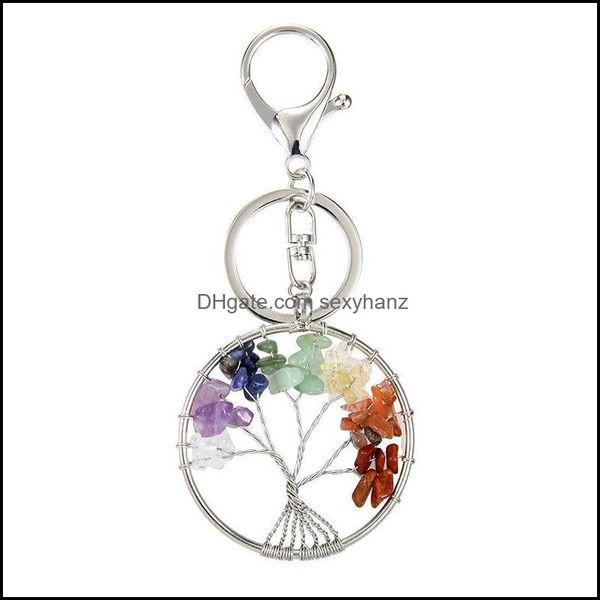 Porte-clés Bijoux Arbre De Vie Pendentif Porte-clés Pierre De Cristal Porte-clés Chaîne 7 Chakra Guérison Ronde À La Main Anneau De Support De Voiture Sac Gwb11886 Dr