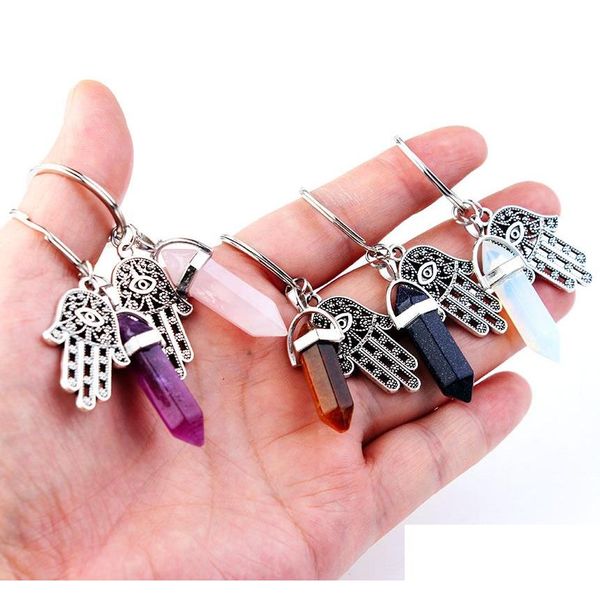 Anillos clave Joya de joyas curativas Cristales Amethyst Rose Chakra Point Mujeres Hombres Natural Piedra Natural Fatima Hamsa Keychain Dhwmt