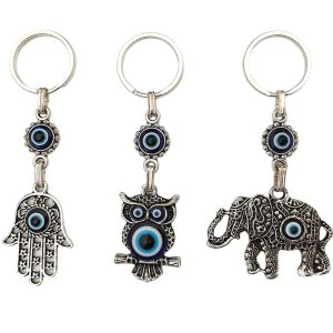 Porte-clés L Turc Bleu Mauvais Œil Porte-clés Amet Lot de 3 breloques dans une boîte cadeau pour femme ou homme Hamsa Hibou Éléphant Drop Deli Carshop2006 Amuca