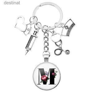 Belangrijkste ringen nieuwste thuisstethoscoopverpleegster Syringe Keychain A-Z Round Glass Dome Cabochon Hanger Men en Women Fashion Charm Keychainl23122222