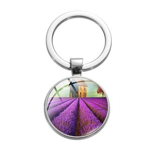 Key Rings Lavender Flower Glass Cabochon Key ringen metalen foto sleutelhanger handtas hangt voor vrouwen kinderen mode sieraden drop deliv dhmtg