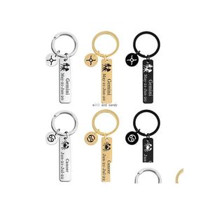 Key Rings Letter Roestvrij staalbar 12 -sterren teken Horoscoop Keychain Gold Gemini Taurus MAGI MAAND Key Ring Tas hangt modejuwelen Dhhpu