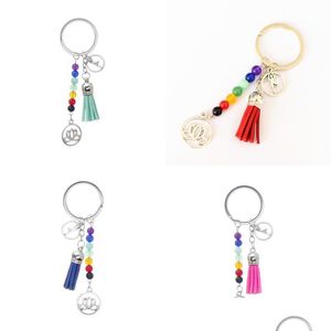 Porte-clés Lotus Gland Chaînes Anneau 7 Chakra Reiki Guérison Yoga Pierre Naturelle Perles Fleur Pendentif Porte-clés Accessoires Cadeau Charme Ke Otgny