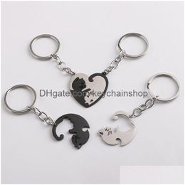 Key Rings Love Cat Chain Parp Ring Funst Roestloze staal Anti Lost Keychain Bag Hanging Accessoires Pendant Creative Gift Drop Del Dhm5d