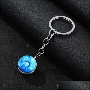 Key Rings Luminous Glow in the Dark Key Chain Earth Moon Star Galaxy Glass Cabochon Ring Band Hangt Fashion Gift Drop Deliv DHHRP
