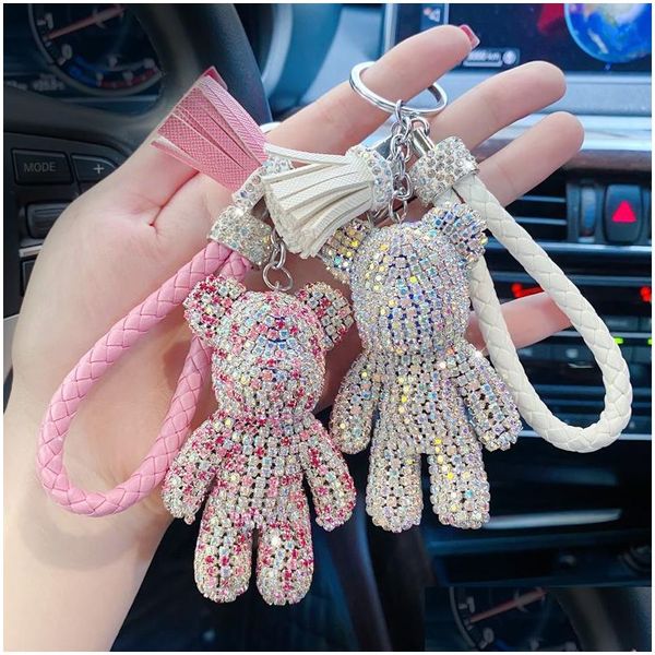 Porte-clés de luxe animaux porte-clés 3D ours Bldog chien français gland FL cristal strass chaînes de voiture titulaire Sier métal porte-clés cadeaux St Dhkza