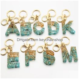 Key ringen luxe auto sleutelen ketens kristal epoxy turquoise goudfolie vrouwen gepersonaliseerd az 09 aangepaste figuur eerste lettertas char dhkdj