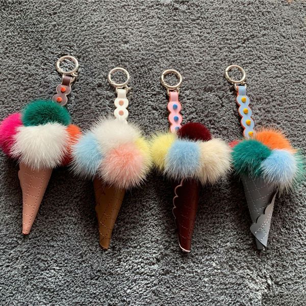 Anneaux clés Mink Fur Monster Sac à crème glacée Bogues Charme Cavyage de voiture Téléphone Pendre Pom Keychain Chaîne Accessoires Drop Livraison Jewel Dhgth