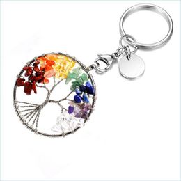 Sleutelringen Natuurlijke gebroken steen 5cm Wrap Tree of Life Key Rings Keychains Healing Rose Crystal Car Decor Keyholder voor vrouwen Men Drop DHI86