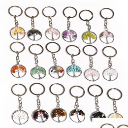Key Rings Natural Chip Stone Bead 30mm Ronde Life Life Keychains Bag Auto ketting Hanger Drop levering sieraden Dhgarden Dhxif
