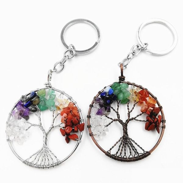 Porte-clés Chaîne de porte-clés en pierre de cristal naturel 7 Chakra rond arbre de vie pendentif porte-clés à la main porte-anneau pour femmes sac de voiture Drop Dhwix