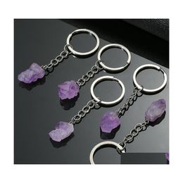 Porte-clés Pierre Naturelle Améthyste Cristal Anneau Porte-clés Pendentif Porte-clés Sac Accessoires Bijoux Drop Delivery Dhru5