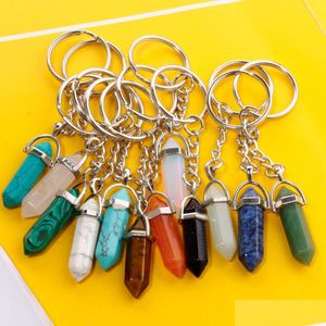 Sleutelhangers Natuursteen Hexagonaal Prisma Sleutelhanger Amethist Rozenkwarts Tigers Eye Opal Crystal Ring Ketting Sleutelhanger Drop Delivery Jewelr Dhtio