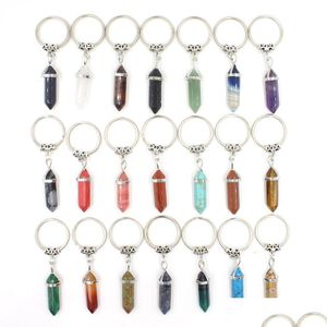 Porte-clés Pierre Naturelle Prisme Hexagonal Porte-clés Guérison Cristal Rose Décor De Voiture Chaîne Porte-clés Pour Femmes Hommes Bijoux Drop Delivery Dhxiy