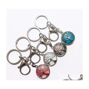 Key Rings Natural Stone Hollow Life Keychain Pink Tingers Eye Gemstone Rose Quartz Car Bag Pendant Keyring Jewelry vrouwen Men DhSK4