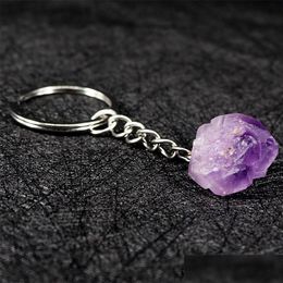 Llaveros Llaveros de piedra natural Sier Color Healing Amethyst Crystal Car Decor Keyholder Para Mujeres Hombres Drop Delivery Jewelry Dh4Yz