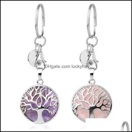 Porte-clés Pierre naturelle Porte-clés originaux Arbre de vie Porte-clés Sier Couleur Guérison Cristal Décor De Voiture Porte-clés Pour Femmes Hommes 471C3 D Dhtdg