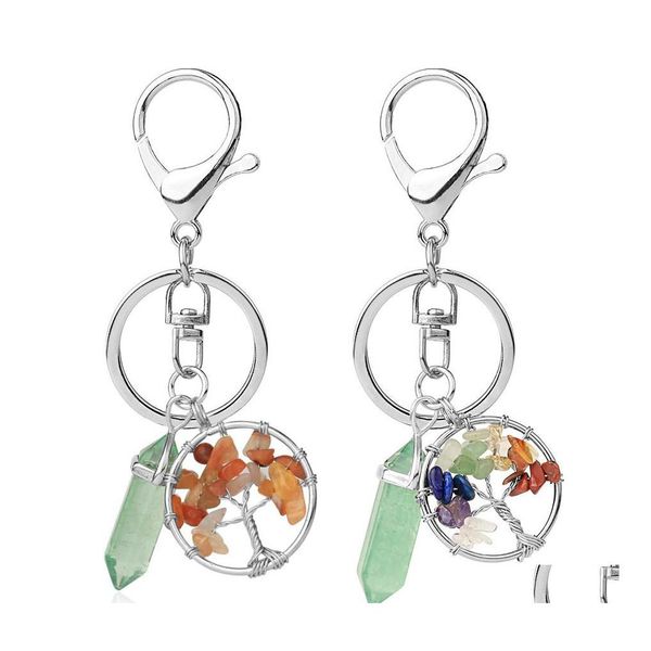 Porte-clés Pierre Naturelle Arbre De Vie Vert Fluorite Prisme Hexagonal Porte-clés Guérison Rose Cristal Décor De Voiture Porte-clés Baby Drop Del Dh4Gn