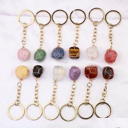 Porte-clés Pierre Naturelle Enroulement De Fil Porte-clés Irregar Améthyste Cristal De Quartz Rose Agate Sur Sac Bijoux De Voiture Fête Amis Cadeau Drop D Dhdgw