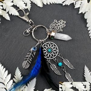 Key Rings Nieuwe Dream Catcher Keychains Blue Feather Tassel Hamsa Hand Evil Eye Keyring voor Wall Car Hanging Decor Amet Boho Sieraden 1 OTM01