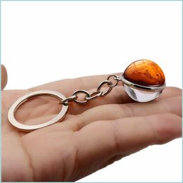 Sleutelringen negen planeten Planet Time Gem Keychain Glass Cabochon Ball Pendant Key Ring Handtas Hangt mode sieraden cadeau drop levering Dhekh