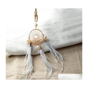 Key Rings Pearl Feather Chains Holder Dreamcatcher Hangers Auto Keychain For Girls Dames Bag Hangende mode Charme Accessoires 906 D DHOG2