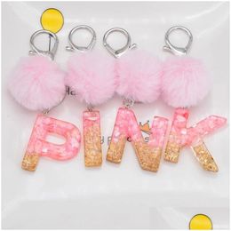 Porte-clés Rose Pompon Lettre Porte-clés Alphabet Anglais Porte-clés Avec Puffer Ball Glitter Gradient Résine Miroir De Voiture Sac À Main Charmes Lla Dhhcg