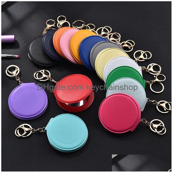 Porte-clés Chaînes de voiture en cuir PU double face pliante miroir de maquillage rond porte-clés femmes sac pendentif portable porte-clés de mode Dh9HM