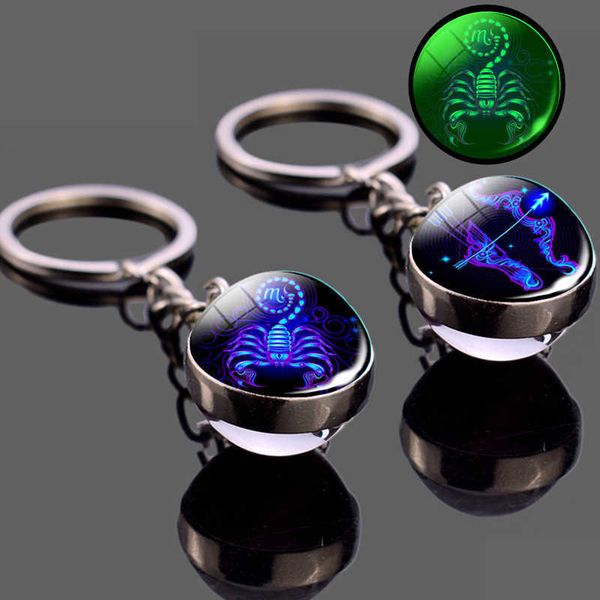 Porte-clés boule de verre ronde pendentif zodiaque lumineux avec fluorescent 12 chaîne de constellation porte-clés de voiture cadeau d'anniversaire pour hommes G230526