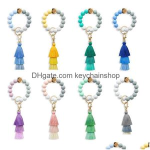 Sleutelhangers Silica Gel Kraal Ring Party Favor Vrouwelijke Food Grade Sile Armband Sleutelhanger Kwastje Elastisch Touw Kralen Hand String Sleutelhanger Pen Dhjoy