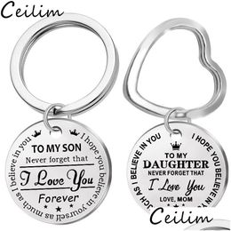 Porte-clés À Mon Fils En Acier Inoxydable Porte-clés Gravé Fille Amour Maman Porte-clés Coeur Chaînes Charme Pendentif Bijoux Cadeau Drop Delivery Dhdtq