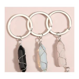 Anneaux clés Wire Wrap Natural Stone Hexagonal Prism Healing Crystal Pink Car Decor Kedolder Keches For Women Men Drop Livrot Jewe Dhnog