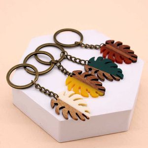 Sleutelringen houten bladplant sleutelhanger sleutelring voor vrouwen mannen paren cadeau nieuwe unieke hars splice tas auto sleutel charm accessoires sieraden g230210